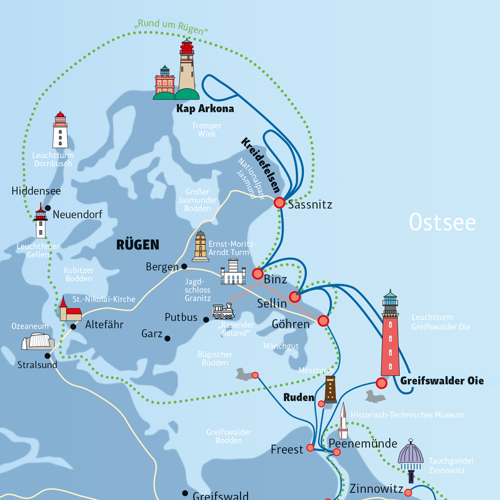 Übersichtskarte der Schiffausflüge mit der Reederei Adler-Schiffe