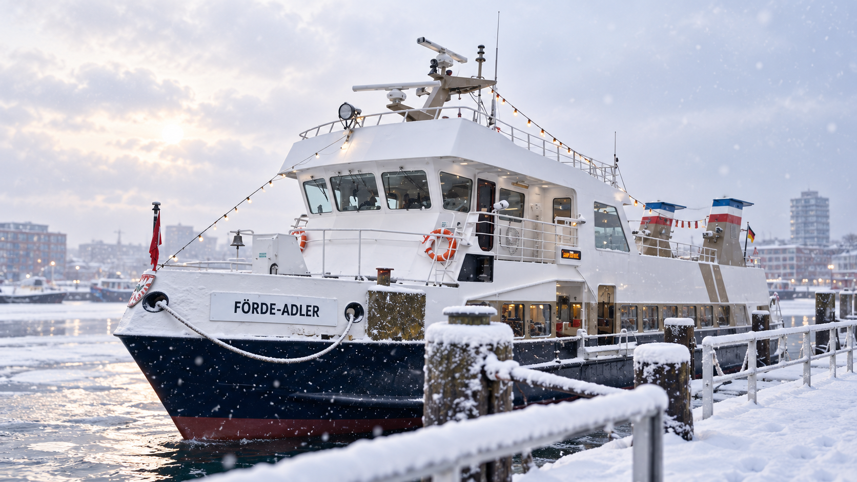 MS Förde-Adler auf der Kieler Förde im Winter