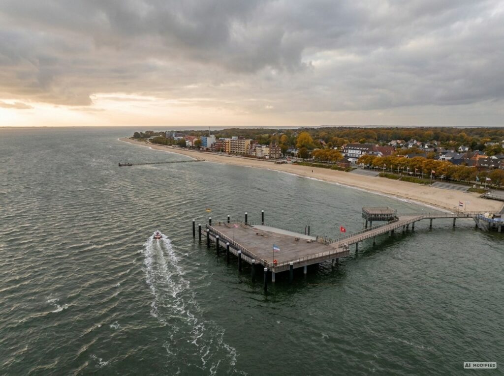 Mittelbrücke in Wyk auf Föhr im Herbst aus der Luft (mit KI bearbeitetes Foto)