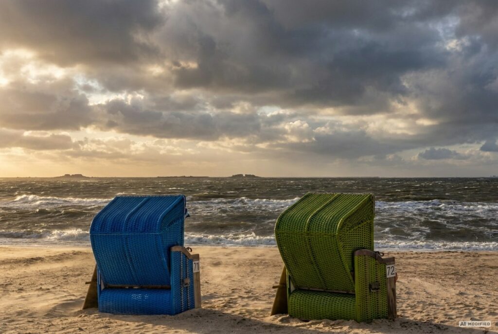 Zwei Strandkörbe am Strand von Wyk auf Föhr bei Herbstwind und Wolken (mit KI bearbeitetes Foto)